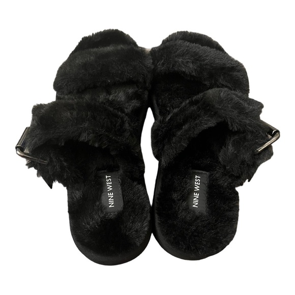 Nine West Black Faux Fur Sandals Fuzzy Plush Double Strap Buckle Slides Size 8 - Picture 2 of 9